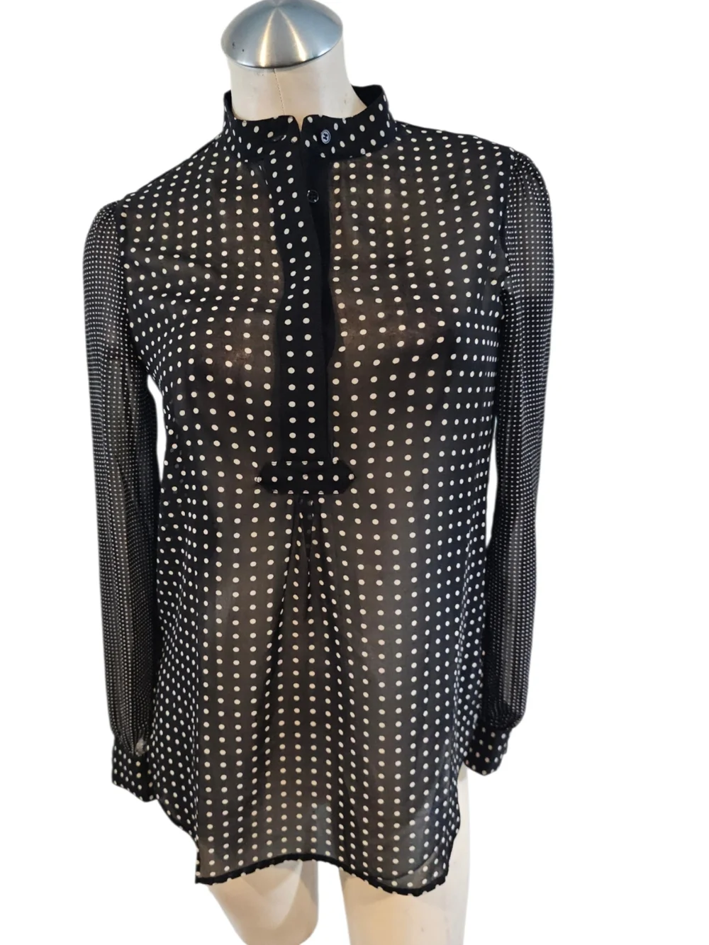 Anne Klein Size 0 Semi Sheer Blouse Black Off White Polka Dots - Picture 6 of 7